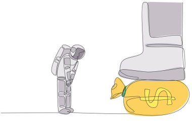 Single continuous line drawing astronaut nodded in front of giant foot stepping on money bag. Orders collect large amounts of money. Preparing to land on the moon. One line design vector illustration