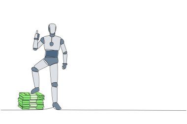 Single continuous line drawing robot stands with thumbs up pose and steps on stack of banknotes with one of foot. Artificial intelligence is increasing. Tech. One line design vector illustration