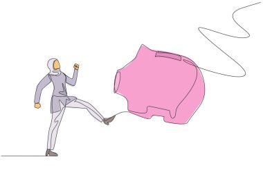 Single one line drawing Arab businesswoman kicking piggy bank. Emotional. Spending capital to releasing assets. Struggle to maintain business. Try the luck. Continuous line design graphic illustration
