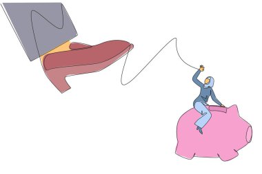 Single one line drawing Arabian businesswoman riding a piggy bank runs away from giant foot. Add expertise to acquire assets elsewhere. For a better future. Continuous line design graphic illustration