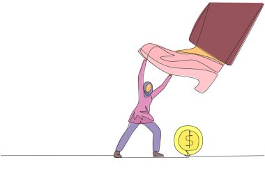 Single continuous line drawing Arab businesswoman holds back giant foot wants to step on coin with dollar symbol. Courageous action to resist arbitrary authority. One line design vector illustration