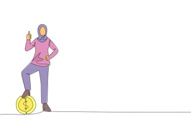 Single one line drawing Arab businesswoman with thumbs up pose and steps on coin with dollar symbol. Open invitation to place shares. Promises profits. Continuous line design graphic illustration