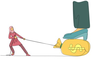 Continuous one line drawing Arabian businesswoman tries to take money bag stepped on by giant foot. Try hard to pull using the rope. Get the most profit. Single line draw design vector illustration