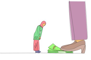Single one line drawing Arab businesswoman nodded in front of giant foot stepping on wad of banknotes. Request payment is not withheld. Business continuity. Continuous line design graphic illustration