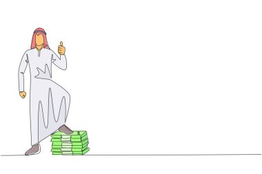 Single continuous line drawing Arabian businessman stands with thumbs up pose and steps on stack of banknotes with one of foot. Marvelous feeling. Multiple profits. One line design vector illustration