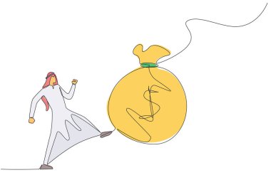 Continuous one line drawing angry Arabian businessman kicking the money bag. Not appreciating what has been achieved. Wasteful. Wasting a lot of capital. Single line draw design vector illustration