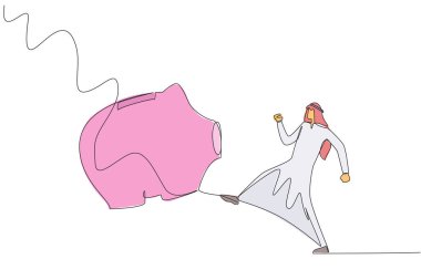 Single one line drawing Arab businessman kicking piggy bank. Emotions reduce intelligence. Wasting quite a large asset. The opportunity to invest is wasted. Continuous line design graphic illustration