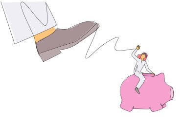 Single continuous line drawing Arabian businessman riding a piggy bank runs away from giant foot. Moving quickly saves assets and profits. For a better future. One line design vector illustration