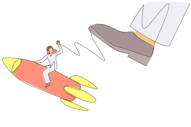 Single one line drawing Arab businessman riding rocket flies away from the giant foot. Continue to open new business branches despite the large disruption. Continuous line design graphic illustration
