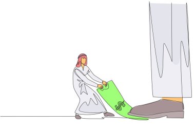 Single one line drawing Arab businessman pulling banknotes that were stepped on by the giant feet. Seize payment rights from unjust sovereigns. Struggle. Continuous line design graphic illustration