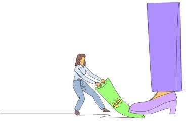 Continuous one line drawing businesswoman pulling banknotes that stepped on by giant feet. The struggle to seize rights from unjust sovereigns. Sacrifice. Single line draw design vector illustration