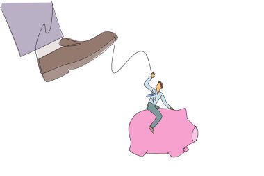 Single one line drawing businessman riding a piggy bank runs away from giant feet. Keeps trouble out of business. Maintain company's asset to keep growing. Continuous line design graphic illustration