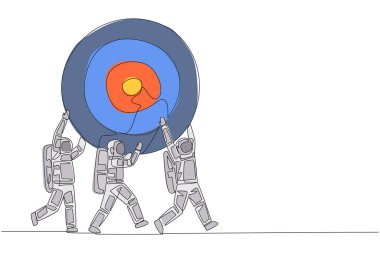 Aralıksız tek sıra halinde bir grup astronot ok hedef tahtası taşıyarak birlikte çalışıyor. Başarılı uzay keşif görevine odaklan. Uzay adamı. Tek çizgi çizimi tasarım vektör çizimi