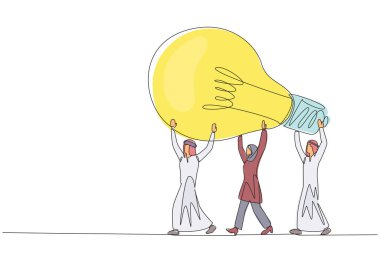 Arap iş adamları ve Arap iş kadınlarının ampulü taşımak için birlikte çalıştıkları tek sıra. Parlak fikirler getir. Para kazanmak için. Bir çizgi tasarımı vektör illüstrasyonu