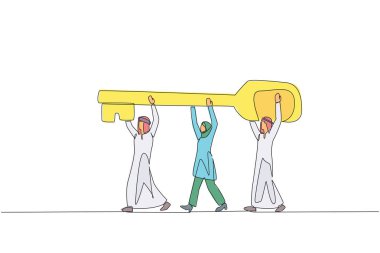 Anahtarı taşıyan Arap işadamları ve Arap iş kadınlarından oluşan tek sıra halinde çalışıyor. Birlikte çok çalışın. Sıkışmış işler için çözümler. Bir çizgi tasarımı vektör illüstrasyonu