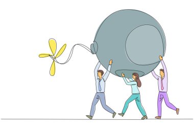 Bir satırda bir grup işadamı ve iş kadınının fitili ateşlenmiş büyük bir bomba taşıyarak birlikte çalıştıklarını görüyoruz. İş kesintilerini ortadan kaldır. Devamlı çizgi tasarımı grafik çizimi