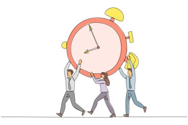 Bir grup işadamı ve iş kadınının alarmlı saat taşıyarak birlikte çalıştığı bir çizgi. Birlikte çalışmak daha kolay geliyor. Son teslim tarihini tamamlıyorum. Tek çizgi çizimi tasarım vektör çizimi