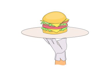 Single one line drawing waiter holding food tray serving burger. Fast food. Like a sandwich. The bread contains pieces of meat, lettuce, tomatoes and onion. Continuous line design graphic illustration clipart