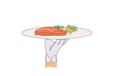 Single one line drawing waiter holding food tray serving steak. Tenderloin. Sirloin. Rib eye. Wagyu. Has a level of maturity; rare, medium, well done. Continuous line design graphic illustration clipart