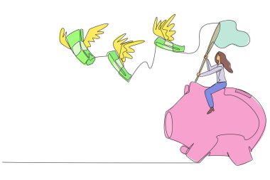 Tek sıra halinde kumbarada uçan banknotları yakalayan bir iş kadını. Finansal bir krizin etkisi altında. Dengesiz mali durum. Sermaye bulmaya çalışıyorum. Devamlı çizgi tasarımı grafik çizimi