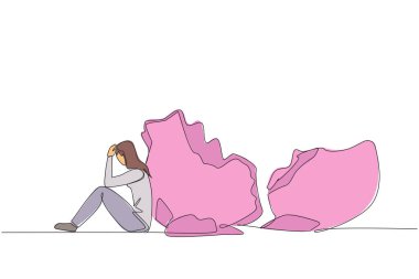 Devamlı bir sıra çizen iş kadını büyük bir kumbaranın yanında, büyük bir kumbaranın yanında oturuyor. Borç. Taksitle ödeme yapılamıyor. Kötü mali plan. Tek çizgi çizimi tasarım vektör çizimi