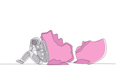 Astronot çizen tek sıra büyük, harap olmuş domuz kumbarasının yanında duruyor. Uzay seferlerinin finansmanı yok. Başarısız görev. Kozmonot. Bir çizgi tasarımı vektör illüstrasyonu