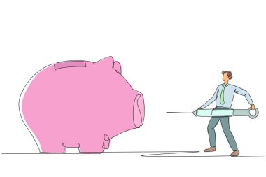 Tek sıra halinde büyük bir şırınga tutan işadamını çekiyor ve büyük bir kumbaraya enjekte etmek istiyor. Yatırımcı ilave fon enjekte ediyor. İflastan kaçının. Bir çizgi tasarımı vektör illüstrasyonu