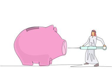 Tek sıra halinde büyük bir şırınga tutan Arap işadamını çekiyor ve büyük bir kumbaraya enjekte etmek istiyor. Ek sermaye. İş için coşkuyu tetikle. Devamlı çizgi tasarımı grafik çizimi