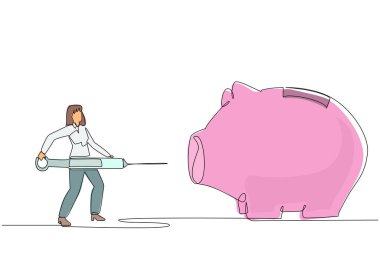 Devamlı olarak elinde büyük bir şırınga tutan bir iş kadını çiziyor ve onu büyük bir kumbara içine enjekte etmek istiyor. Mali konularda yardımcı oluyorum. Taze para. Güçlendirici. Tek çizgi çizimi tasarım vektör çizimi