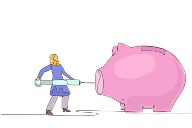 Arap iş kadınının elinde büyük bir şırınga tutarak onu büyük bir kumbaraya enjekte etmek istemesi. Uyarıcı. İş hevesi. Ek olarak. Tek çizgi çizimi tasarım vektör çizimi