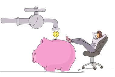 Tek sıra halinde işkadını koltuğuna oturup para musluğunun kumbaraya akışını izleyecek. Büyük finansal faydalar. Borcum yok. Başarı. Devamlı çizgi tasarımı grafik çizimi