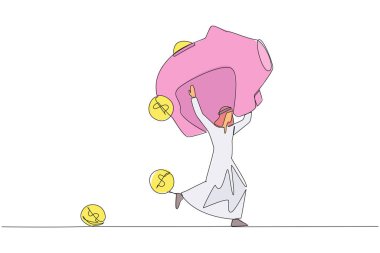 Tek sıra halinde, Arap işadamı koşup büyük kumbarayı omuzlarına alıyor. Dolar sembolü bozuk para düşüyor. Finansal durumlar dengesizdi. Bir çizgi tasarımı vektör illüstrasyonu