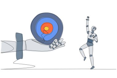 Tek çizgi çizen robot okun hedef tahtasını dev bir elden alacağı için heyecanlıydı. Odaklan. Hedefi tam olarak vur. Gelecekteki teknoloji konsepti. Bir çizgi tasarımı vektör illüstrasyonu