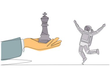 Devamlı bir çizgi halinde astronot, kralın satranç taşını dev elden almak için heyecanlanıyor. Önemli insanlardan destek al. Müthiş bir uzay görevi. Uzay adamı. Tek çizgi çizimi tasarım vektör çizimi