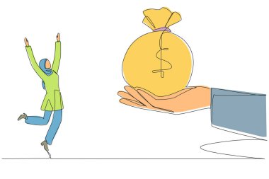 Arap iş kadınlarını çeken tek sıra para çantasını dev elden alacağı için heyecanlıydı. Büyük başarı. Ödülleri cesaret verici yap. Zekice. Bir çizgi tasarımı vektör illüstrasyonu