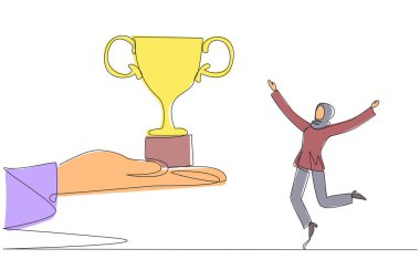 Devamlı olarak, dev elden ödülü aldığı için mutlu olan Arap iş kadını çiziyor. İş yarışmasının galibi. Her yerden takdir. Tek çizgi çizimi tasarım vektör çizimi