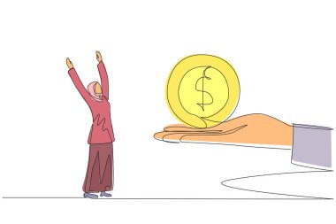 Devamlı olarak Arap iş kadını çizen çizgiler, dev bir elden dolar sembolü para almak için heyecanlanıyor. Haberler iyi. Her zaman kâr edersin. İyi takım çalışması. Tek çizgi çizimi tasarım vektör çizimi