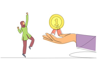 Devamlı çizilen Arap iş kadını dev elden ödül madalyası aldığı için mutluydu. Başarı elde edildi. Daha fazla başarı elde etmek istiyorum. Tek çizgi çizimi tasarım vektör çizimi