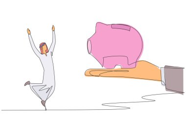 Devamlı, dev bir elden kumbarayı aldığı için mutlu bir Arap işadamı çiziyor. Yönetim kurulu güvenir. Yatırımları inanılmaz kârlara dönüştürmek. Tek çizgi çizimi tasarım vektör çizimi