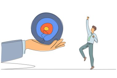 İş adamının sürekli çizdiği tek çizgi, okun hedef tahtasını dev bir elden alacağı için heyecanlıydı. Heyecan verici bir meydan okuma. Zamana odaklanmaya çalış. Bir çizgi tasarımı vektör illüstrasyonu