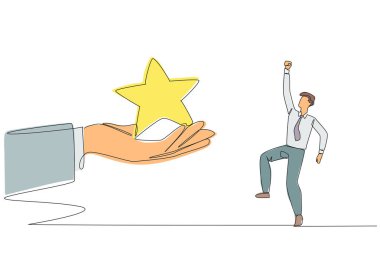 Devamlı çizilen bir çizgi, iş adamını dev elden bir yıldız aldığı için mutluydu. Tatmin edici eleştiri. İyi bir reyting al. Tatmin edici sıralama. En iyisi. Tek çizgi çizimi tasarım vektör çizimi