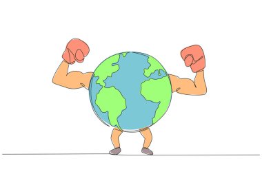 Tek sıra halinde boks eldiveni takan iki elini de kaldırdı. Doğanın güzelliğini korumak için savaşmaya her zaman hevesliydin. Gezegeni kurtar. Bir çizgi tasarımı vektör illüstrasyonu