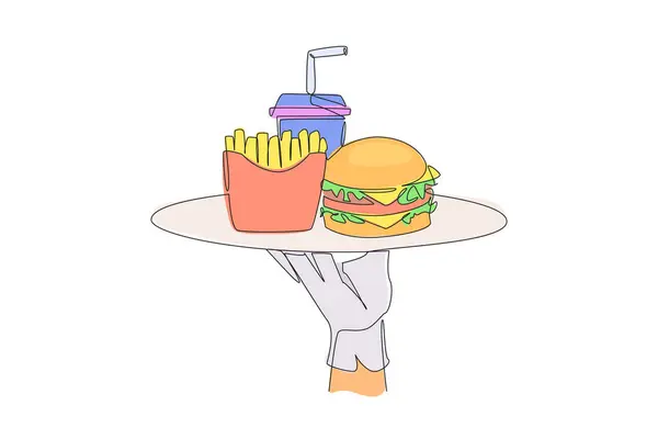 stock vector Continuous one line drawing waiter holds food tray serving french fries soft drinks and burger. Fast food. It is not good for body if consumed too often. Single line draw design vector illustration