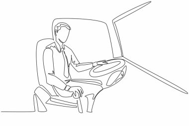 Devamlı bir hat, otobüs aktarımı yapan erkek sürücüyü çekiyor. Çeşitli duraklardan yolcuları almaya hazırız. İşçi. Transit Sürücü Takdir Günü. Tek çizgi çizimi tasarım vektör çizimi