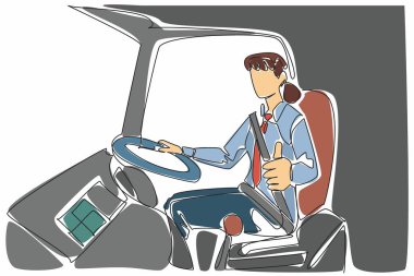 Devamlı bir çizgi halinde otobüs şoförü kadın baş parmak hareketi yapıyor. Dinlenme alanındaki geçiş bitti. Tekrar gitme zamanı. Transit Sürücü Takdir Günü. Tek çizgi çizimi tasarım vektör çizimi