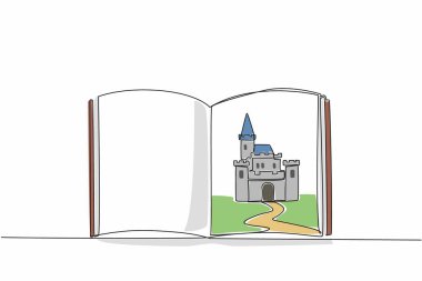 Tek satır halinde sayfada bir şatonun olduğu açık bir kitap çiz. Geçmişi anlatırdı. Güçlü kralların evi. Dünya Hikaye Anlatım Günü. Devamlı çizgi tasarımı grafik çizimi