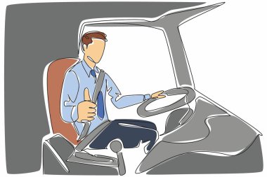 Tek sıra halinde erkek otobüs şoförü baş parmak hareketi yapıyor. Mola bitti. İşaret ver. Şifre. Göreve hazır. Transit Sürücü Takdir Günü. Devamlı çizgi tasarımı grafik çizimi