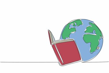 Devamlı tek satır halinde, dünyayı kucaklıyor ve kitap okuyor. Bilgiyi arttırmak için okumak. Olabildiğince yüksek hayaller peşinde koşmak. Dünya Hikaye Anlatım Günü. Tek çizgi çizimi tasarım vektör çizimi