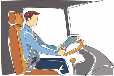 Devamlı tek sıra halinde, elinde dosya tutan erkek sürücü çiziyor. Profesyonelce çalışıyorum. Tüm verileri kontrol ediyorum. Etkileyici bir yolculuk. Transit Sürücü Takdir Günü. Tek çizgi çizimi tasarım vektör çizimi