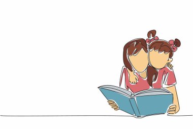 Devamlı bir çizgi, kitap okuyan annesine sarılan kızını çiziyor. Şefkat ifadesi. İlginç bir hikaye. Uluslararası Bana Oku Günü. Tek çizgi çizimi tasarım vektör çizimi